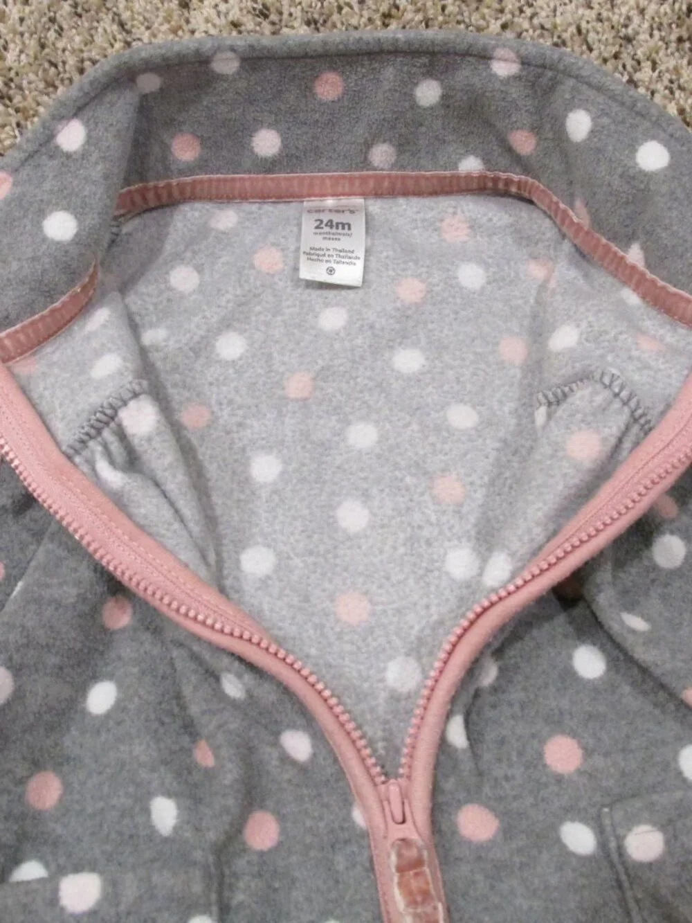 Carters Sleeveless Zip Up Vest Girls Size 24M Gray Pink‎ White Polka Dot Collar